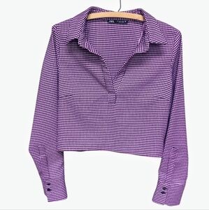 Zara Purple Houndstooth Collared V-Neck Long Sleeve Crop Top Size Women's LARGE